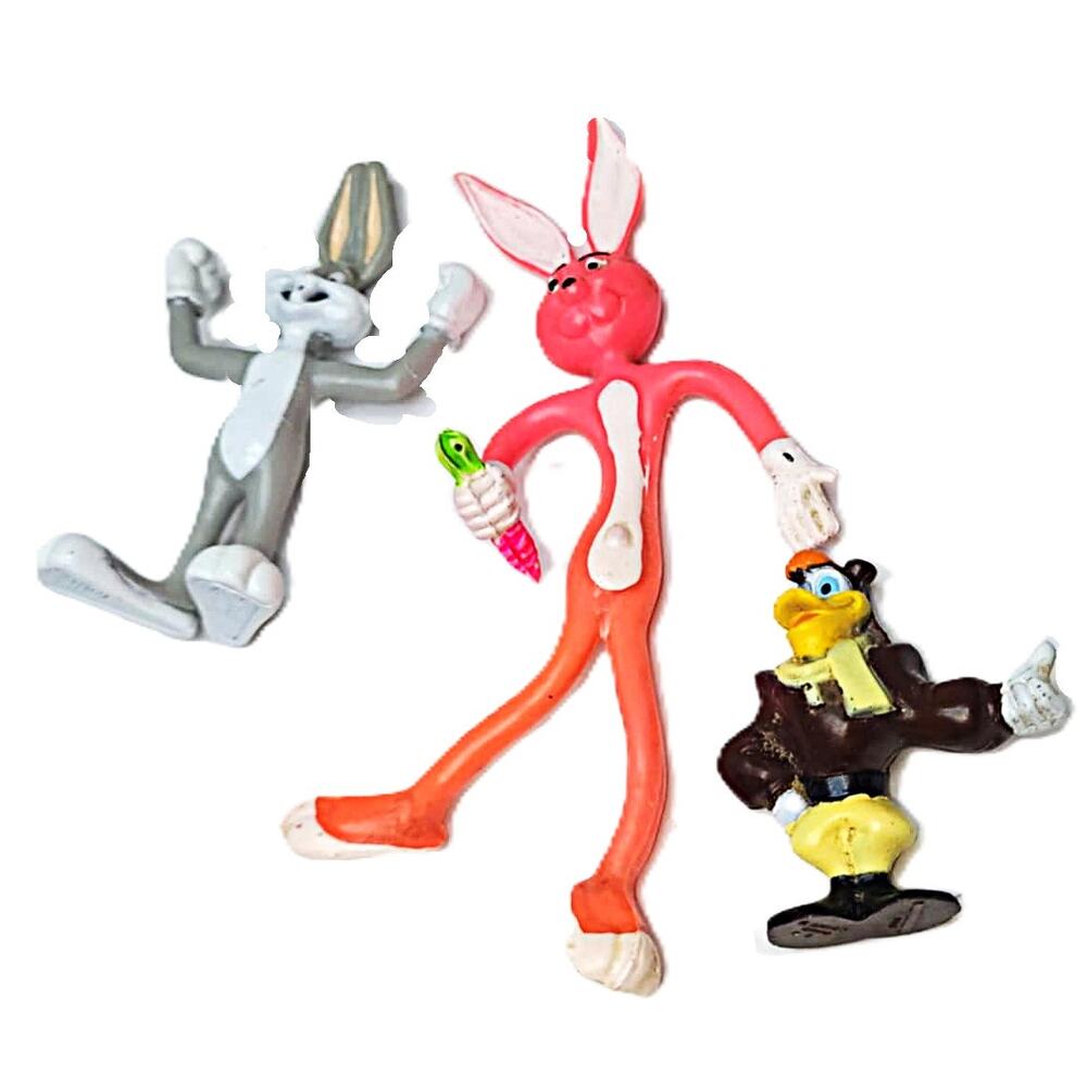 Trio of Vintage McQuack Darkwing Duck* Bugs Bunny* Pink Bendy Twisty Bunny